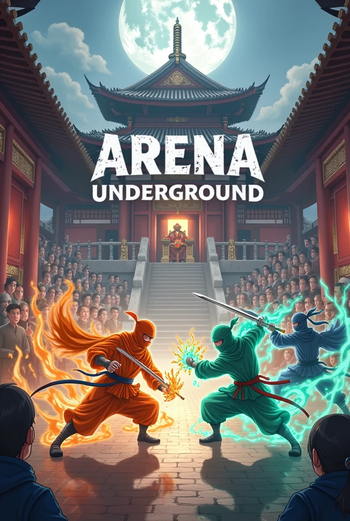 make a picture of two ninja clans of different colors fighting in an arena inside a ninja temple, based on the color orange, green and blue. . all with anime-like drawing style. and in the middle of the image with modern letters and lights, put the words Arena Underground. can make it look like a tournament is going on, with people watching and an emperor in the middle looking. may have spells and the name in the middle has capital letters