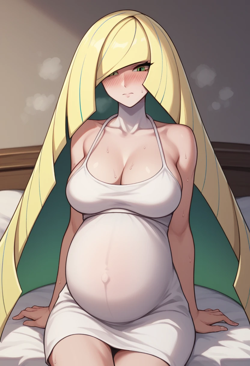 Larger breasts、Cleavage、blush、Sweat、In the heat、pokemonlusamine, blonde hair, green eyes, hair over one eye, long hair, multicolored hair, streaked hair, very long hair,、(The whole body is visible)、(white camisole dress)、Troubled face、Closed eyes、Are standing、Pregnant women:0.5、Sit on the bed、
{Highest quality}, {so beautiful}, {Very detailed}, {Best illustrations},