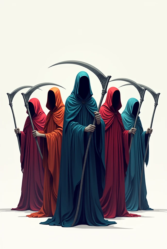 Eight faceless and differently colored grim reapers in 2D mode with no background, each wielding a scythe