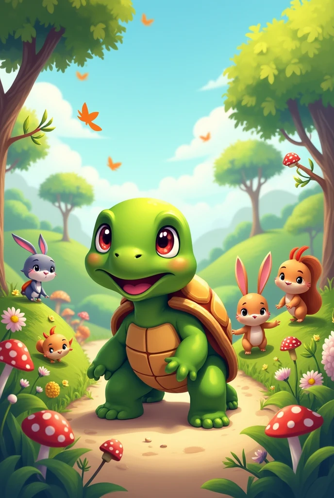 A turtle friend to other animals in 2d cartoon
