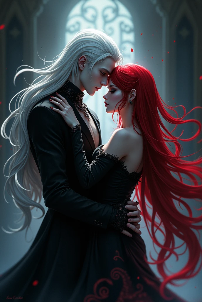 A vampire lord with long white hair and a red haired woman, hugging. Anime and dark style image.