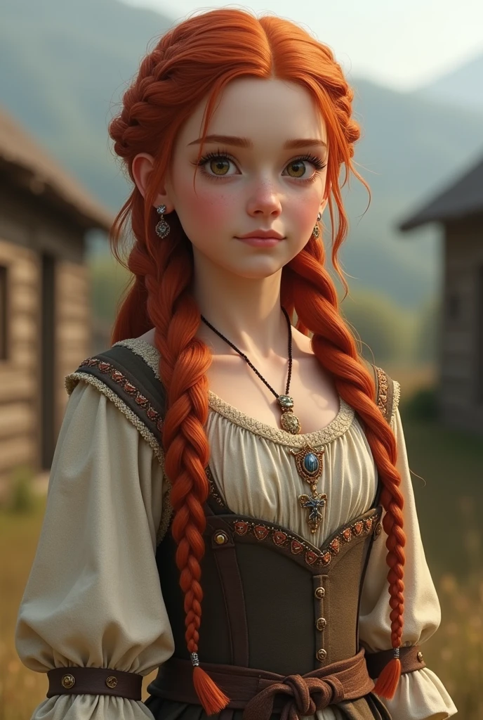 a 20 year old peasant girl, natural red hair with viking hairstyle, wearing Sansa Stark style clothes