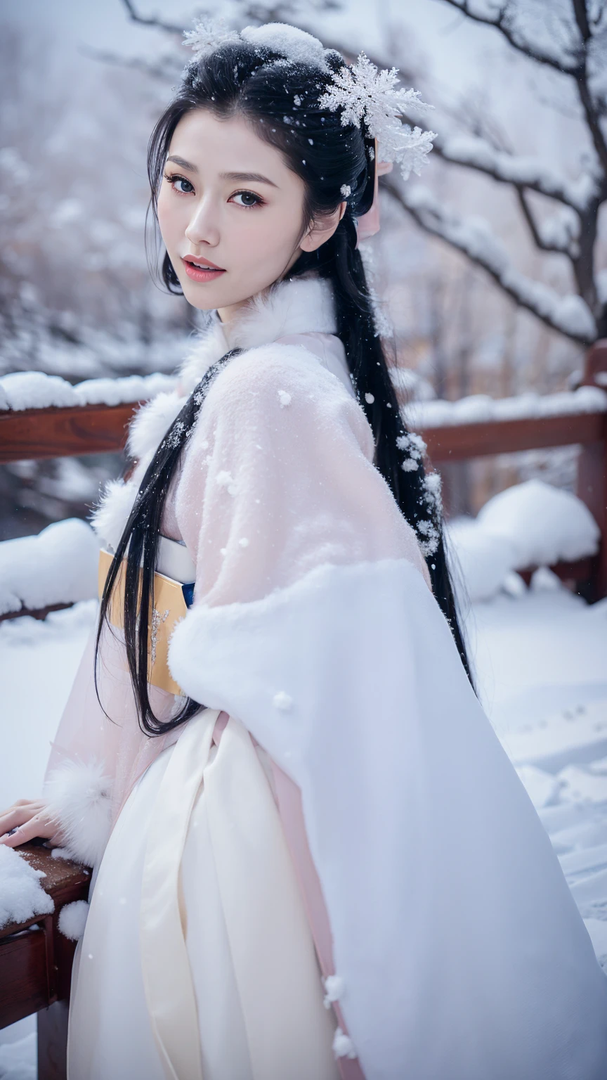 1 Fashion Model [[[[close up]]]], [[[[neck]]]], [[[[Shoulder]]]], (((Complete head)))，(((Complete hairstyle)))，Perfect eyes, Perfect Iris，Perfect lips，Perfect Teeth，Perfect skin，White skin，Soft headlights，High-density imaging，Black long hair，（Clean and delicate face），((White fur winter hanfu))，((Half-length photo))，((The background is a snowy scene))，((winter))，((Various dynamic poses))，((The background is a snowy scene))，best quality，masterpiece，（Soft colors：1.2）