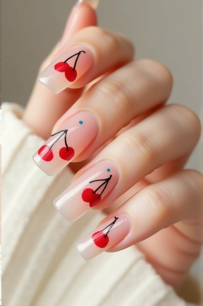 Square shaped clear nails with little cherrys on them