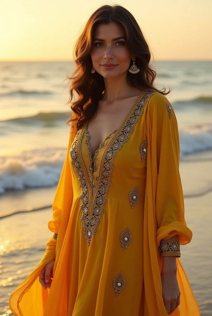 A Pakistani old big boobs women in yellow sea throw shalwar kameez with light brown boobs nipples
