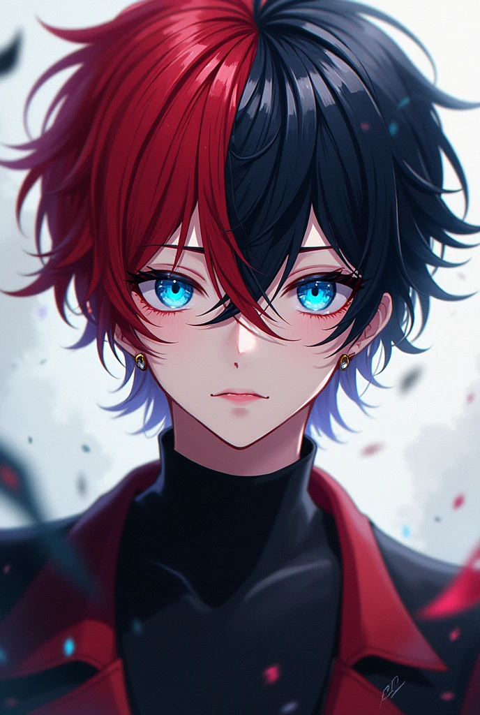 Young anime man with half black and half red hair color with blue eyes 