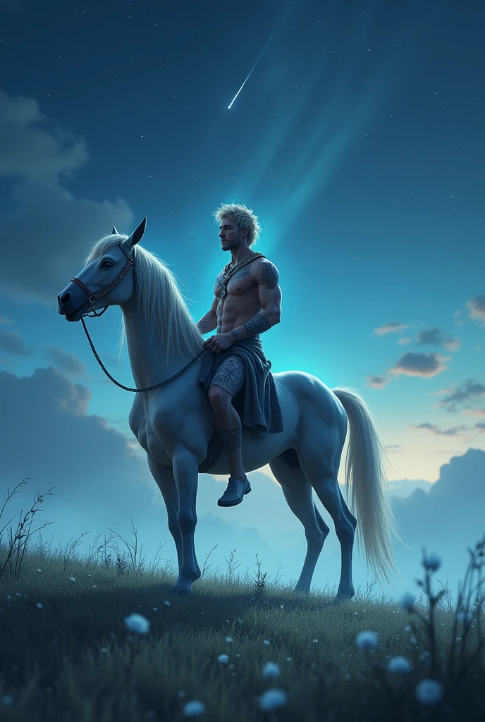 centaur, muscular human upper body, horse lower body, in a vast meadow under a starry night sky, gentle mist and magical light, wearing mystical accessories, peaceful and otherworldly atmosphere, stars and shooting stars in the background