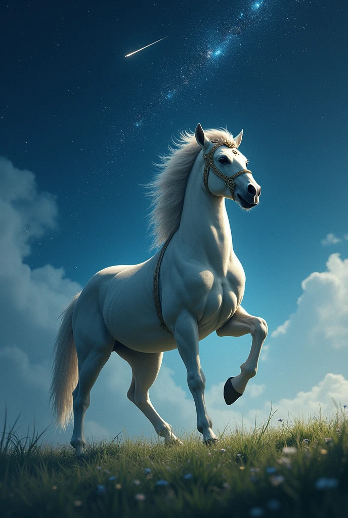 centaur, muscular human upper body, horse lower body, in a vast meadow under a starry night sky, gentle mist and magical light, wearing mystical accessories, peaceful and otherworldly atmosphere, stars and shooting stars in the background