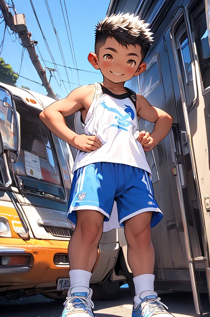 (Shota:1.5),(((Highest quality))),(((masterpiece))),(((Very detailed))),(((High resolution))),One person,Short sleeveTshirt,Short shorts,White socks,Blue sneakers,Cheerful boy,Japanese,Buzz Cut,(((Spiked Hair))),Black Hair,(Point pupils),Skinny body,Baby Face,smile