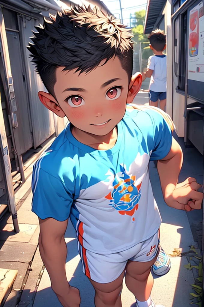 (Shota:1.5),(((Highest quality))),(((masterpiece))),(((Very detailed))),(((High resolution))),One person,Short sleeveＴshirt,Short shorts,White socks,Blue sneakers,Cheerful boy,Japanese,Buzz Cut,(((Spiked Hair))),Black Hair,(Point pupils),Skinny body,Baby Face,smile
