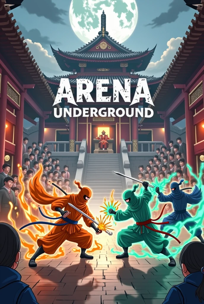 make a picture of two ninja clans of different colors fighting in an arena inside a ninja temple, based on the color orange, green and blue. . all with anime-like drawing style. and in the middle of the image with modern letters and lights, put the words Arena Underground. can make it look like a tournament is going on, with people watching and an emperor in the middle looking. may have spells and the name in the middle has capital letters