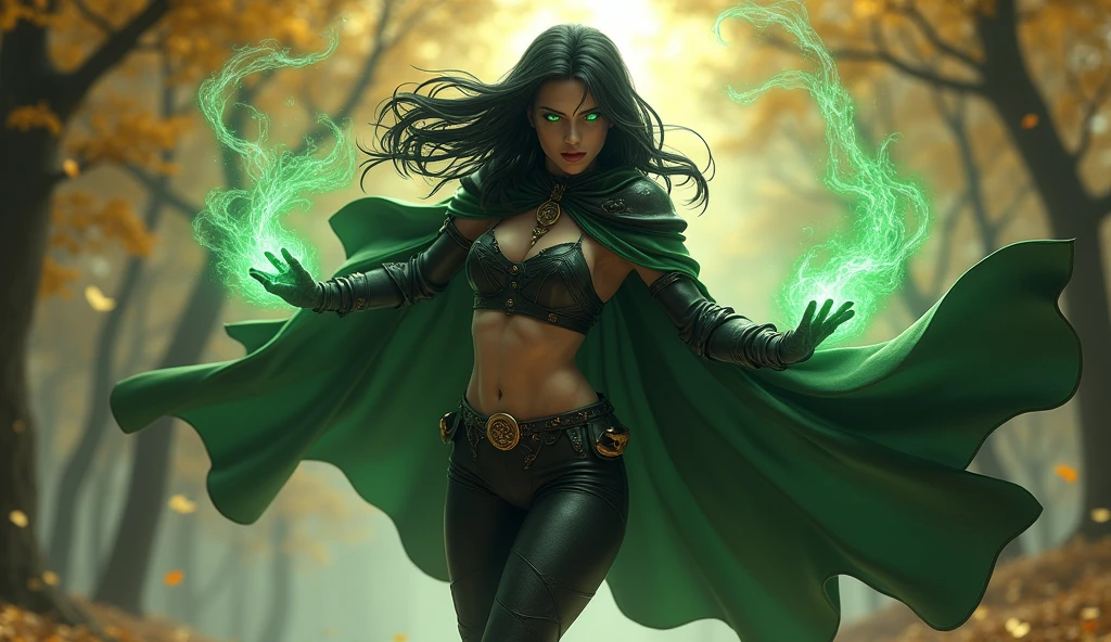 Shadowheart, the Caucasian half elf from baldur's gate 3, best quality, ultra-detailed CG unity 8k wallpaper, floating, high resolution, dynamic pose, beautiful face, (green eyes:1.2, black hair:1.3, black leather breastplate, black leggings, black cloak, cleavage, bare midriff), depth of field, white forest, golden leaves, magic light), casting black and dark green magic with her hands, glowing eyes