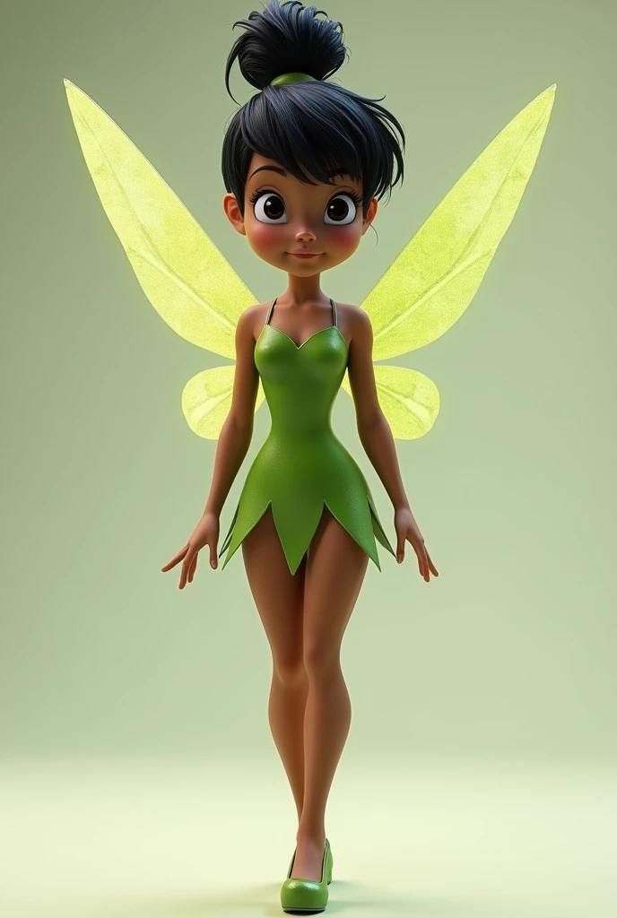 pixar image, Tinkerbell just like the Disney original, but with black hair, black eyes DARK brown skin, original green clothes , hair tied up like real hair, cloused mouth, image showing Tinkerbell&#39;s entire body from head to toe, looking forward, withe wings 