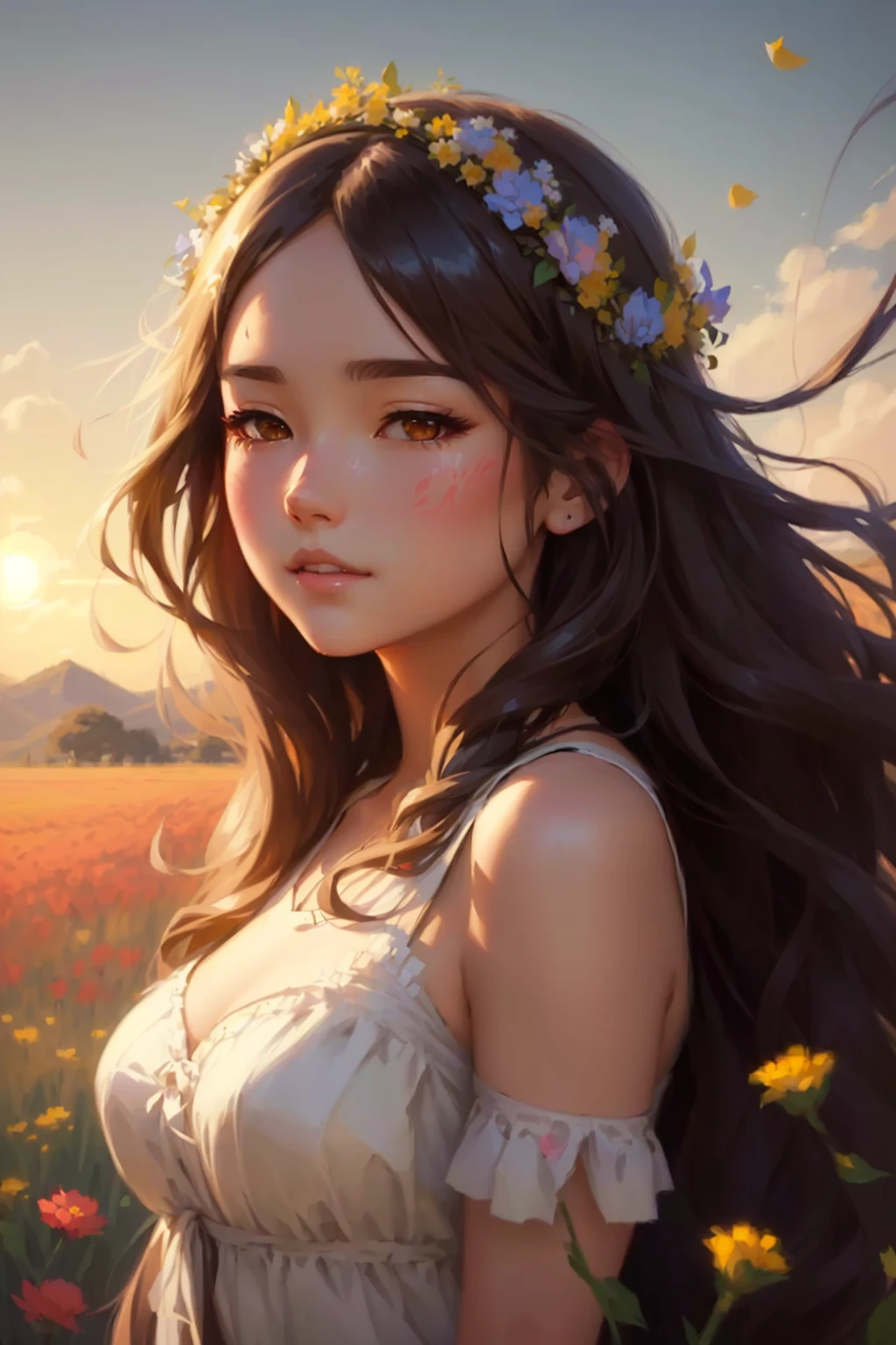 a woman with long hair and a flower crown in a field, artwork in the style of guweiz, cute anime portrait, beautiful digital art, artgerm and atey ghailan, Cute anime girl, realistic painting of beautiful girl, beautiful asian girl, Guweiz, Ilya Kuvshinov with long hair, style of artgerm, beautiful character painting