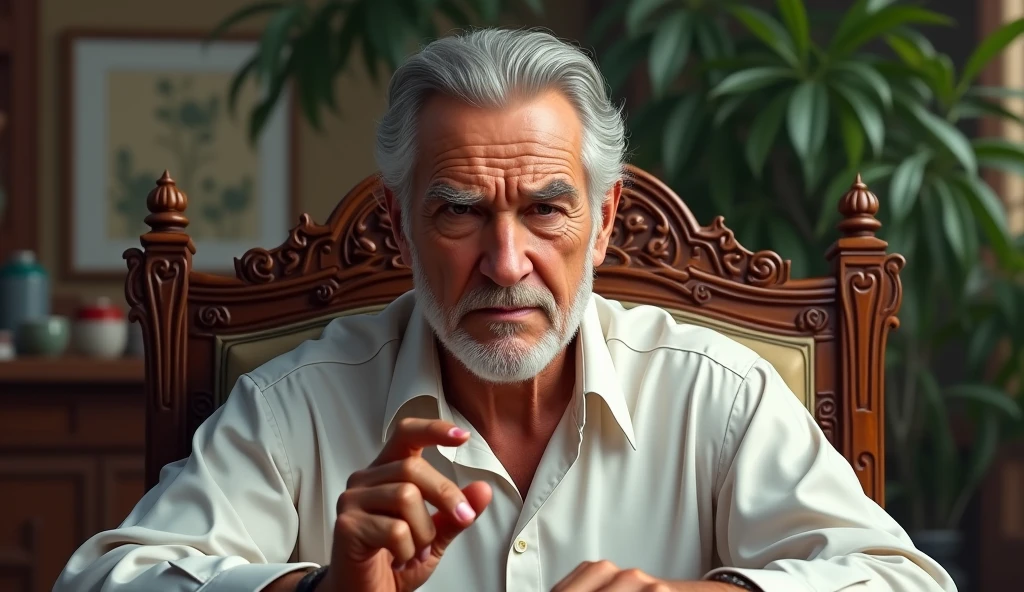The elderly man has a stern, intense expression, with furrowed brows and a focused gaze. His eyes are directed forward, likely engaged in a serious or contemplative conversation.
He is wearing a white shirt, and his hair is neatly combed back. A light puff of smoke emanates from the cigarette he holds in his right hand, indicating he has just taken a drag.
His demeanor suggests a sense of authority or power, possibly someone who is used to being in control. The chair he is sitting in has an intricate wooden design, featuring ornate carvings that add a traditional or luxurious touch to the setting.
There are potted plants in the blurred background, hinting at a well-decorated indoor space with some natural elements. Realistic, intricate details, vibrant colours.
