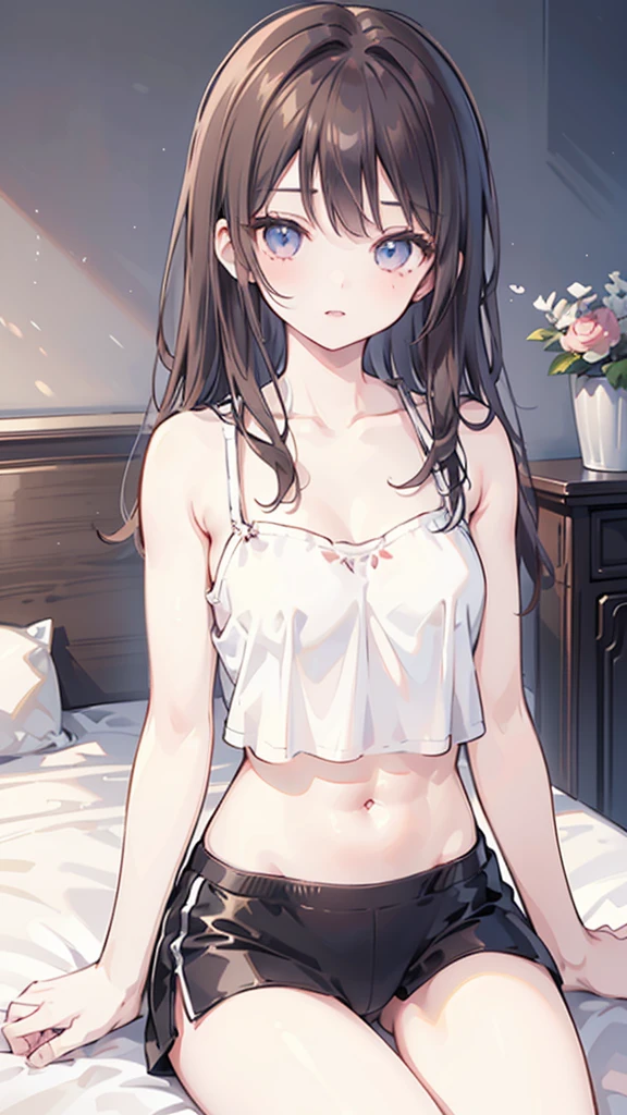 beauty, hidden face, 1 girl, beauty: 1.3, Slim abdominal muscles: 1.1, camisole, Long dark brown hair, (Sitting on the bed), Ultra-fine face, Highly detailed lips, Delicate eyes, Double eyelids