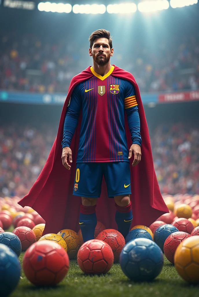 Messi as a football king with a lot of football. Football must be colourful. Every ball must be in ground