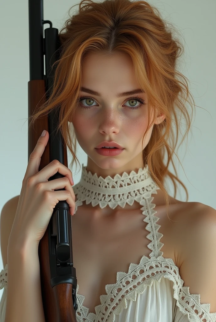 blonde girl, of medium height, pale brown eyes, muscular build, clear skin, wild and melancholic expression, wavy copper blonde hair. Dressed in a high-necked white lace dress and holding a rifle at face level