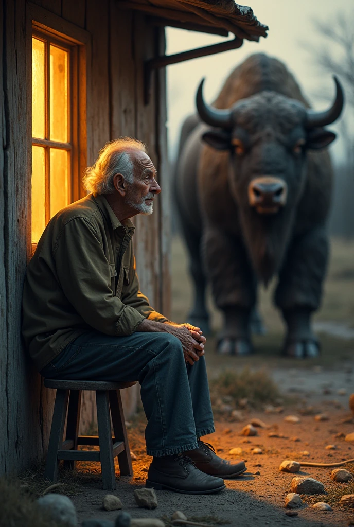 an old man took a sit in a stool outside by the house window, exhausted, then looked hopefully at the life-sized buffalo statue. (based on the last generate) 