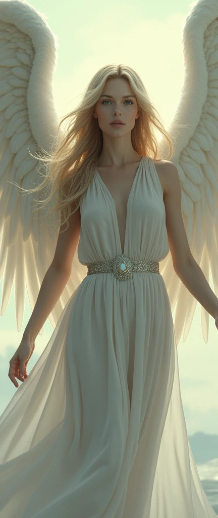 masterpiece, best quality, high quality, extremely detailed CG unit 8k wallpaper,high quality, highly detailed, Imagine a dreamlike scene with a beautifull female angel, she have Golden blonde hair and white longe wings. Longe silver dress and she have powerfull aura, she have Green eyes and gently aspect, Celestia. Full body portrait   award-winning photography, Bokeh, depth of field, HDR, photorealistic, extremely detailed, trend on artstation, trend on CGsociety, Complex, High Detail, dramatic, art by midjourney