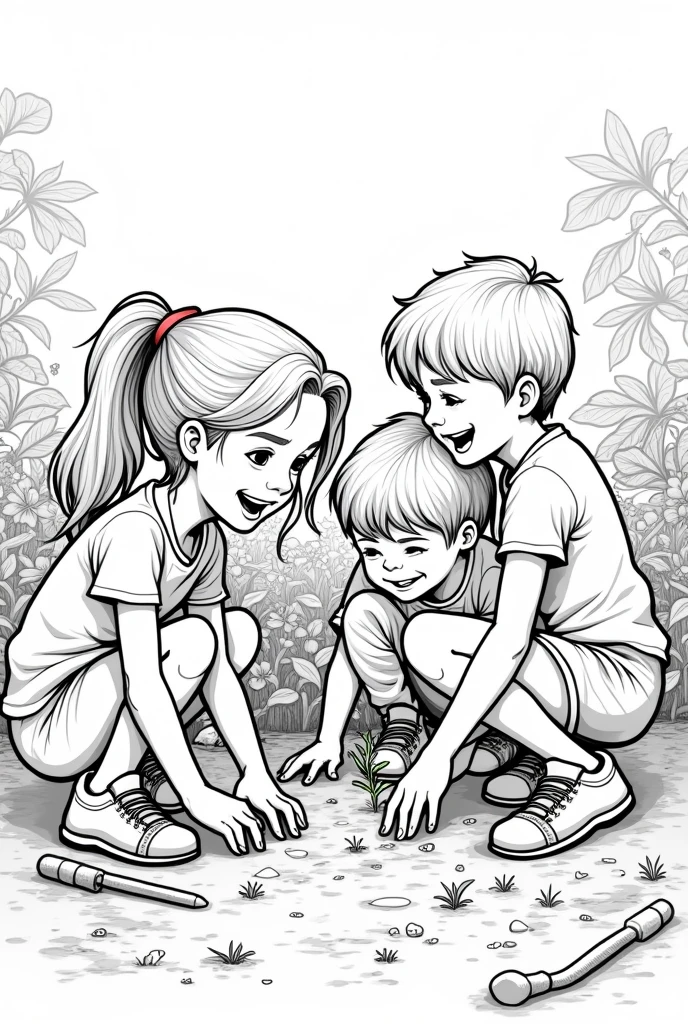 Line drawing of children helping to plant tomatoes.