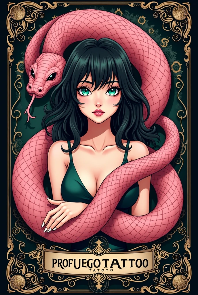 Logo for a business that has the word Profugotattoo with a sexy full body anime girl with black hair and green eyes surrounded by a full pink snake on a tarot card