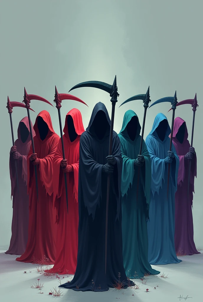 Eight faceless and differently colored grim reapers in 2D mode with no background, each wielding a scythe