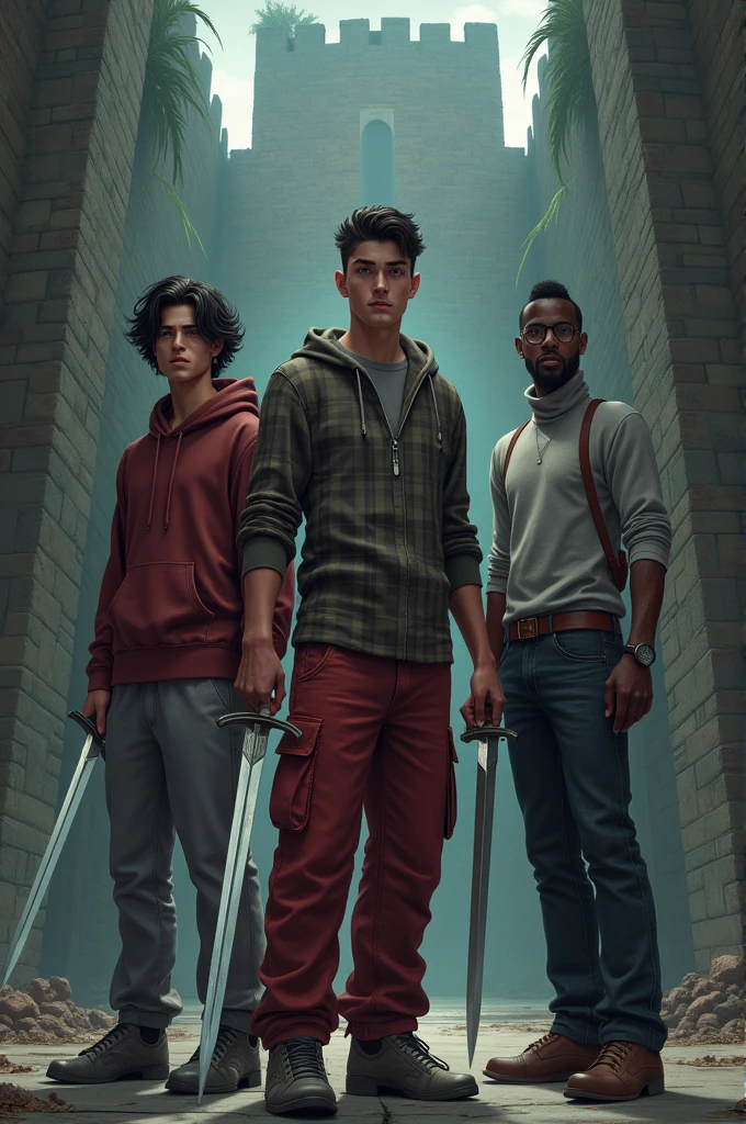 3 1 guys, first one had latin american skin tone and the second had pale skin tone and the third had dark african skin tone, first one had shoulder length wavy hair with layers and the second had short straight hair that almost covers his face and the third had a millitary haircut, first one is wearing a maroon hoodie with grey basketball pants and the second is wearing a checkered pattern shirt with long cargo red pants and the third is wearing a greyish red turtle neck with long black jeans, all 3 boys are all 6 feet and 4 inches tall, first one had ear rings and the second had round black reading glasses and the third had a brown wrist watch, standing outside of a ruined castle with only one working light, dark eerie aesthetic each holding a sword, have to be realistic, each expressing fear and mystery.