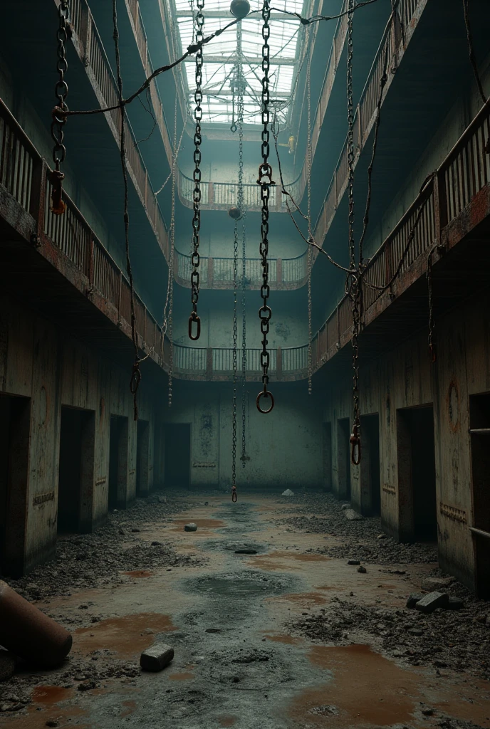 Alien 3 inspired dark abandoned prison with chains hanging around and rusty vibe post apocalyptic background landscape realistic