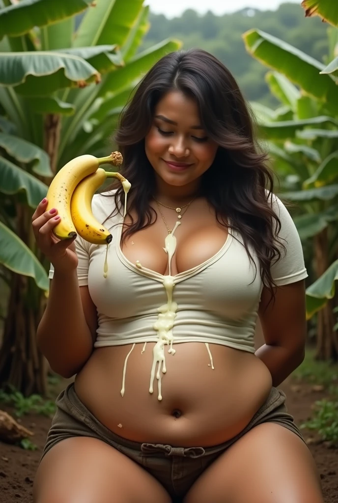 an Indonesian woman,sexy plump body,short t-shirt and skirt,sitting in a banana plantation on the edge of the village,carrying a large banana full of white mayonnaise liquid,An expression of exhaustion,climax satisfied smile,mouth full of mayonnaise