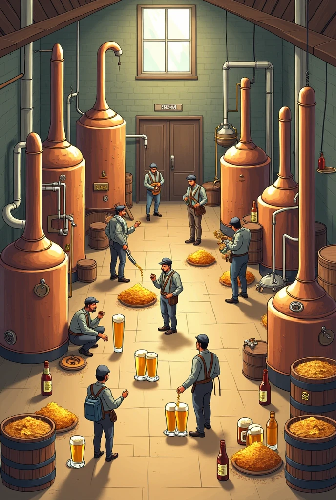 Poster photo containg brewing process including malting, milling, mashing, wort separation, brew kettle boil, trub separation, wort cooling and aeration, fermentation, lagering, aging, finishing and packaging.