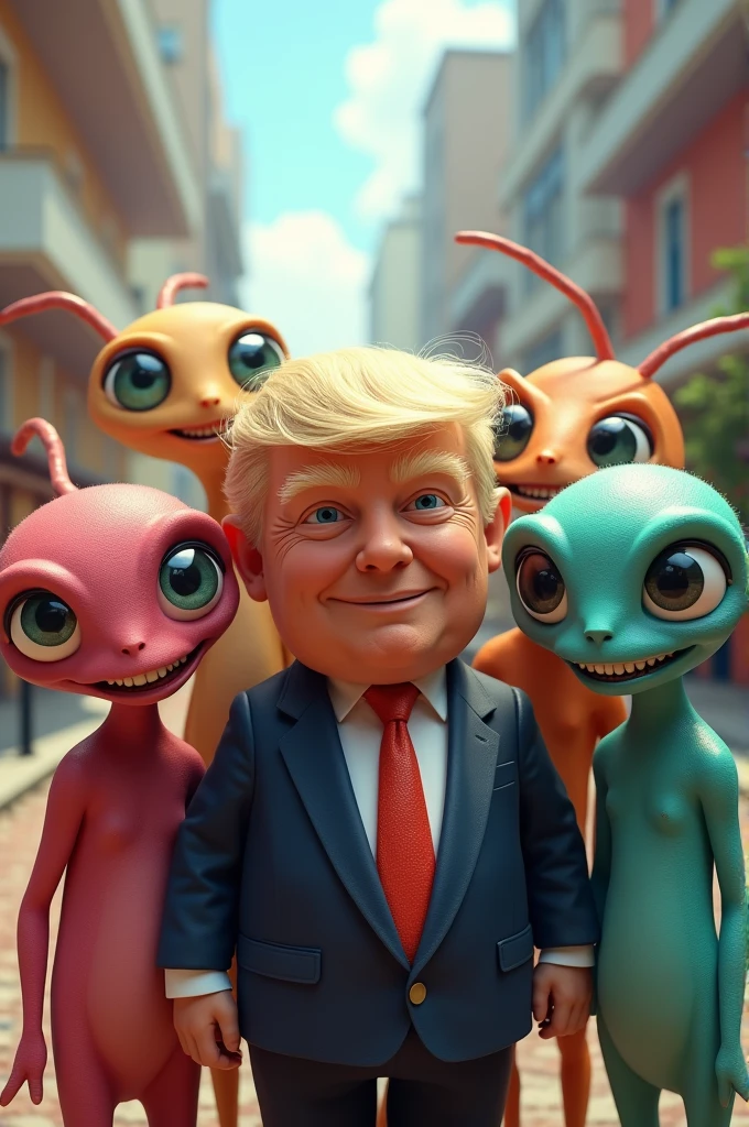 Four Cute aliens taking a selfie with Donald J Trump 