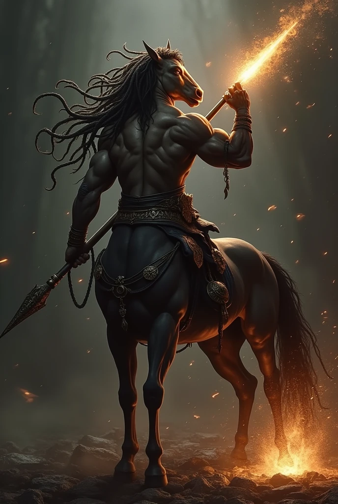 a Centaur, black, Dreadlocks, Toned Muscles, Hold a long spear with hands, expensive, full house, Cool silhouette, superhuman power, Strong Will, Impact with flame spark, shock wave, dark background,