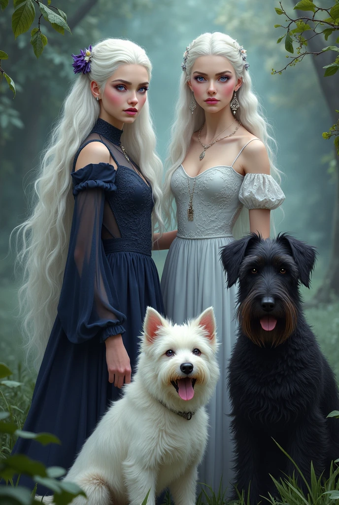 Two female Targerians and two female dogs, one small white and the other a black Snauzer.
