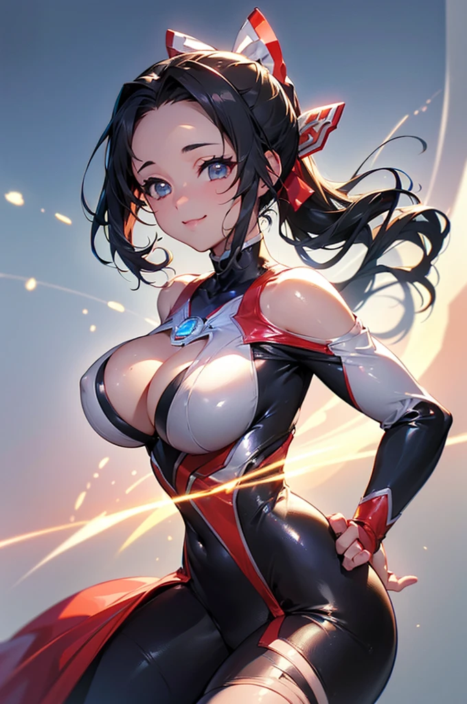 ((((High resolution, Intricate details, masterpiece, 8k, from front)))), (((beautiful, Ultraman, Wearing a shiny suit, Do not expose skin))), ((In the town, One Woman, smile, Red cheeks, Big Breasts, Large Breasts, Huge Saggy Tits)), (Black Hair, Beautiful forehead, Long Hair, ponytail, Big ribbon, Glowing Skin), from front, looking at viewer, look at viewer, pub, bright,