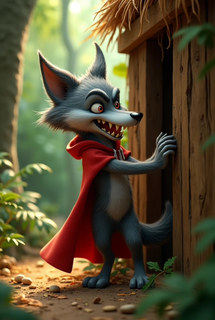 Disney style, sideview of a 3D scary cute grey furry wolf wearing a red cape with realistic fur 3D illustration, (1male wolf:1.2), (sinister yet playful expression:1.5), ((showing scary teeth)), standing and knocking the door of a straw house and grinning, dangerously playful, dark humour, wearing a red cape and a red hoodie standing on its too feet like a cartoon character, lean build, (smiling notoriously with expression of plotting something, scheming look, up to no good, mischievous intent, sinister, playful but dangerous, naughty and scary), (realistic fur texture), (jungle background:1.4), sunlight filtering through the trees, (soft lighting:1.3), (green and earthy color scheme:1.3), (highly detailed), (ultra quality:1.3), (masterpiece), (digital art), 8K resolution, HDR, depth of field, (soft shadows), (photorealistic:1.3), (animation:1.2), (by Greg Rutkowski:0.9), (in the style of Alphonse Mucha), trending on ArtStation, award-winning art