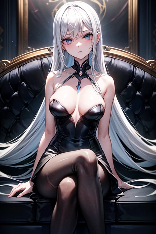 A motionless mechanical girl, ball jointed, black dress, expressionless, white blonde, long hair, blue, hollow eyes, sitting on a sofa with good posture, medieval, dark Western-style mansion, translucent, lustrous white skin