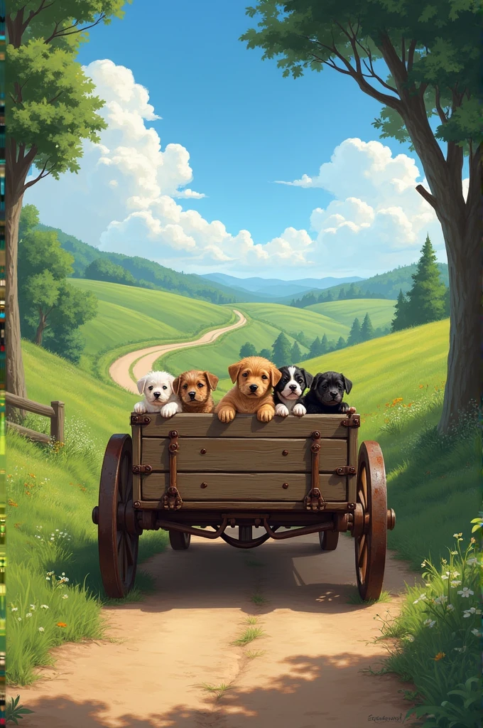 Cart on a road with puppies on the sides
