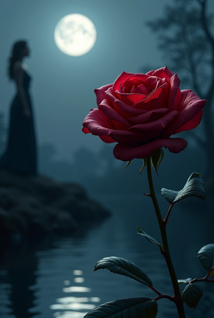 For a more lovely cover, imagine a soft, moonlit night with a gentle, silver glow. In the foreground, a beautiful dark red rose with delicate petals that transition to deep crimson at the tips, surrounded by a faint, ethereal shimmer. The moon, large and luminous, casts a serene light over the scene, reflecting off a tranquil pool of dark, cold water beneath the rose. In the background, a graceful figure, dressed in elegant attire, stands with a sense of quiet strength, gazing up at the moon, hinting at the story's depth and conflict without overt darkness.