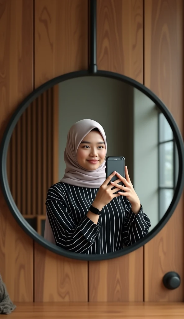 A young woman wearing a hijab and a black and white striped blouse taking a mirror selfie. She is standing in front of a round mirror with a black frame, holding her phone with one hand while wearing a smart watch. The background shows a wooden door with vertical panels and a window with grid design. The setting has a modern and stylish vibe with a mix of textures, including the smooth black frame of the mirror, wooden surfaces, and a light-colored textured wall. The woman has a neutral expression, and the lighting is soft, creating a warm ambiance. Style Of vivid Photografy 8K Resolations