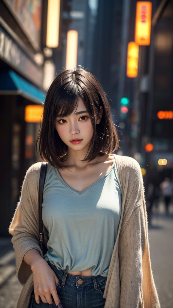 2 girls, epic realistic, (dark shot:1.4), 80mm, Create a portrait of a woman with medium straight dark hair. She has an fashionable expression, gazing at the viewer with a slight tilt of her head. She dresses polo shirt and jeans, The background features Tokyo busy street in the morning, Use a backlighting effect to add depth to the image. impressionistic painting style, john singer sarget, anders zorn, blue pallette, wider show with more background, (natural skin texture, hyperrealism, soft light, sharp:1.2), soft light, sharp, exposure blend, medium shot, bokeh, (hdr:1.4), high contrast, (cinematic, teal and orange:0.85), (muted colors, dim colors, soothing tones:1.3), low saturation, (hyperdetailed:1.2), (noir:0.4), (intricate details:1.12), hdr, (intricate details, hyperdetailed:1.15), faded, (neutral colors:1.2), art, (hdr:1.5), (muted colors:1.1), (pastel:0.2), hyperdetailed, (artstation:1.4), warm lights, dramatic light, (intricate details:1.2), vignette, complex background, 