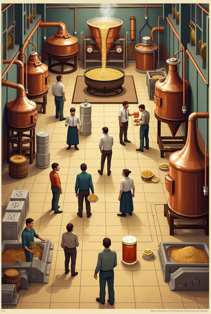 Poster photo containg brewing process including malting, milling, mashing, wort separation, brew kettle boil, trub separation, wort cooling and aeration, fermentation, lagering, aging, finishing and packaging.
