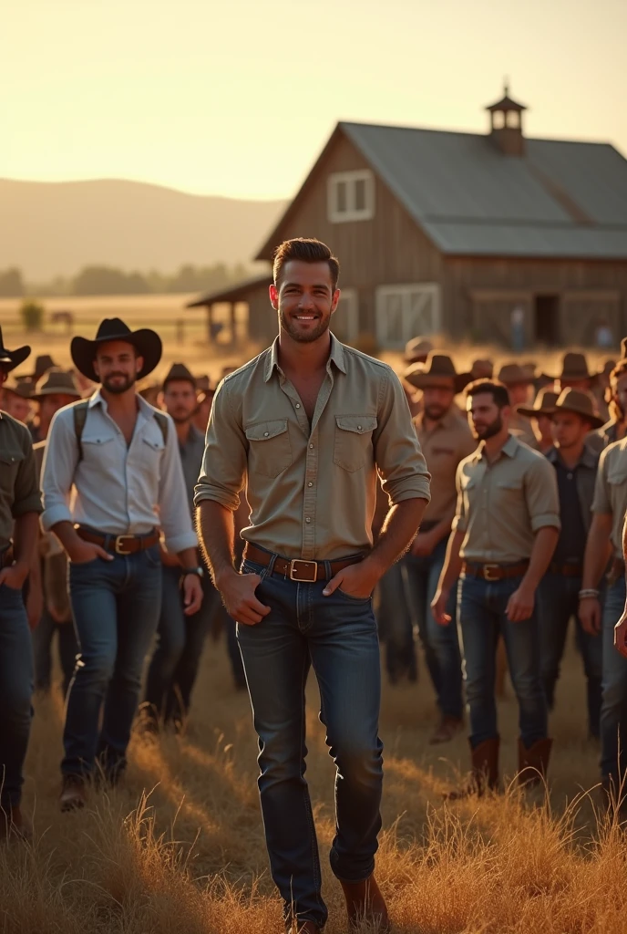 A handsome, charming, attractive young gay man is welcomed at a cowboy party on the farm with many handsome men around him, the others look at him all in love with him