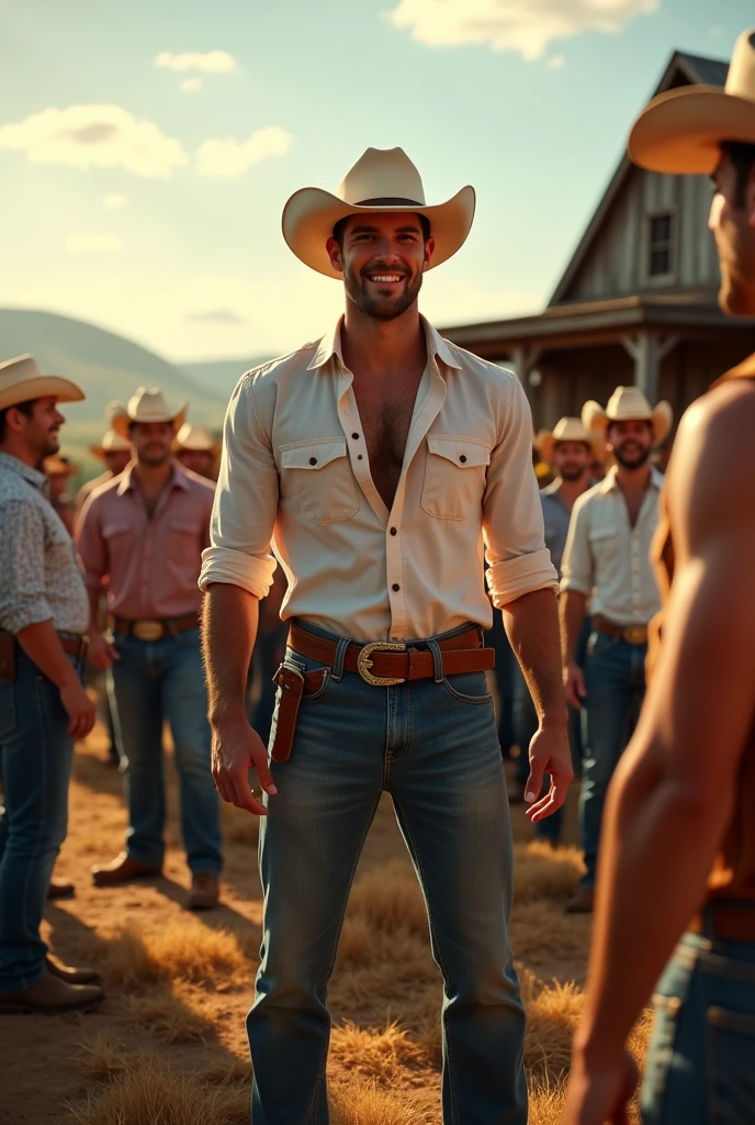 A handsome, charming, attractive young gay man is welcomed at a cowboy party on the farm with many handsome men around him, the others look at him all in love with him