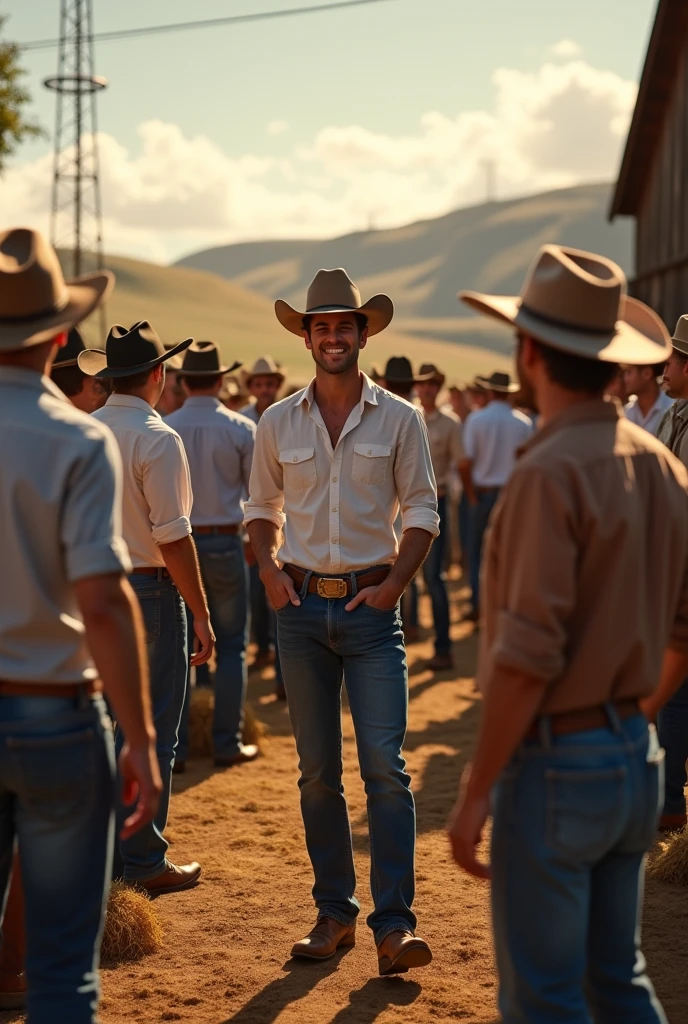 A handsome, charming, attractive young gay man is welcomed at a cowboy party on the farm with many handsome men around him, the others look at him all in love with him