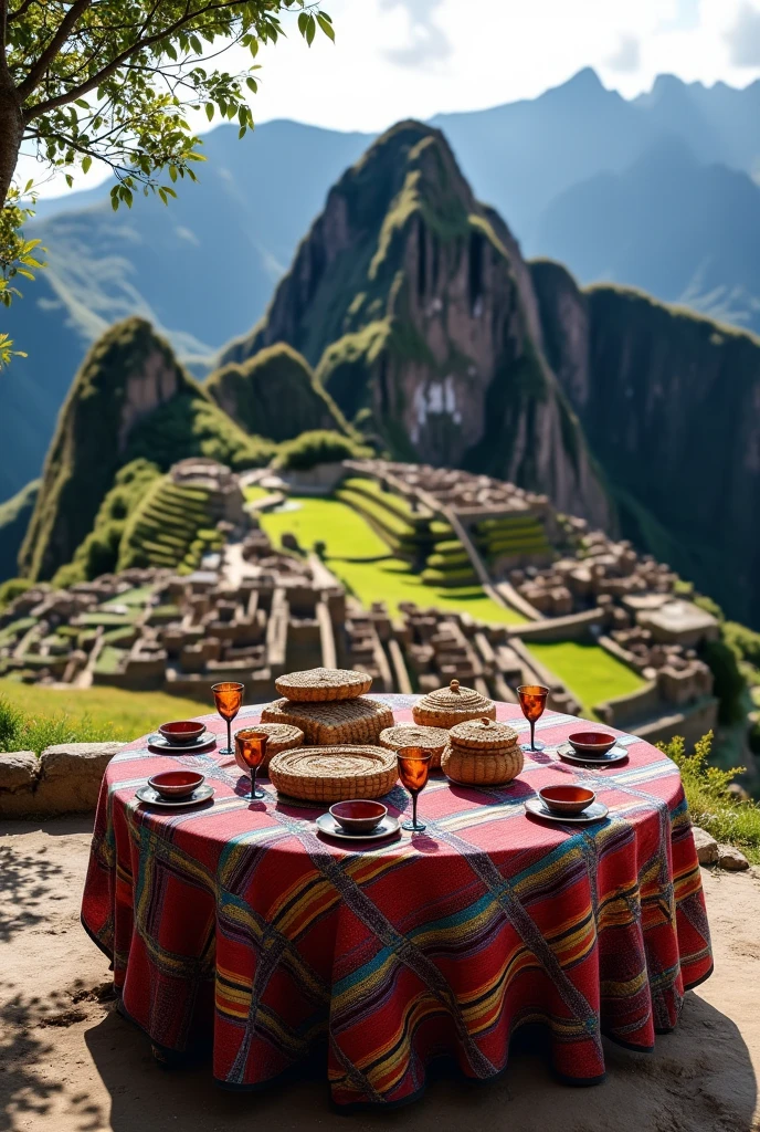 Create an image of a picnic tablecloth in Machu Picchu