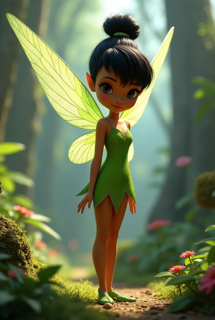 pixar image, Tinkerbell just like the Disney original, but with black hair, black eyes DARK brown skin, original green clothes , hair tied up like real hair, image showing Tinkerbell's entire body from head to toe, looking forward, with wings in an enchanted forest