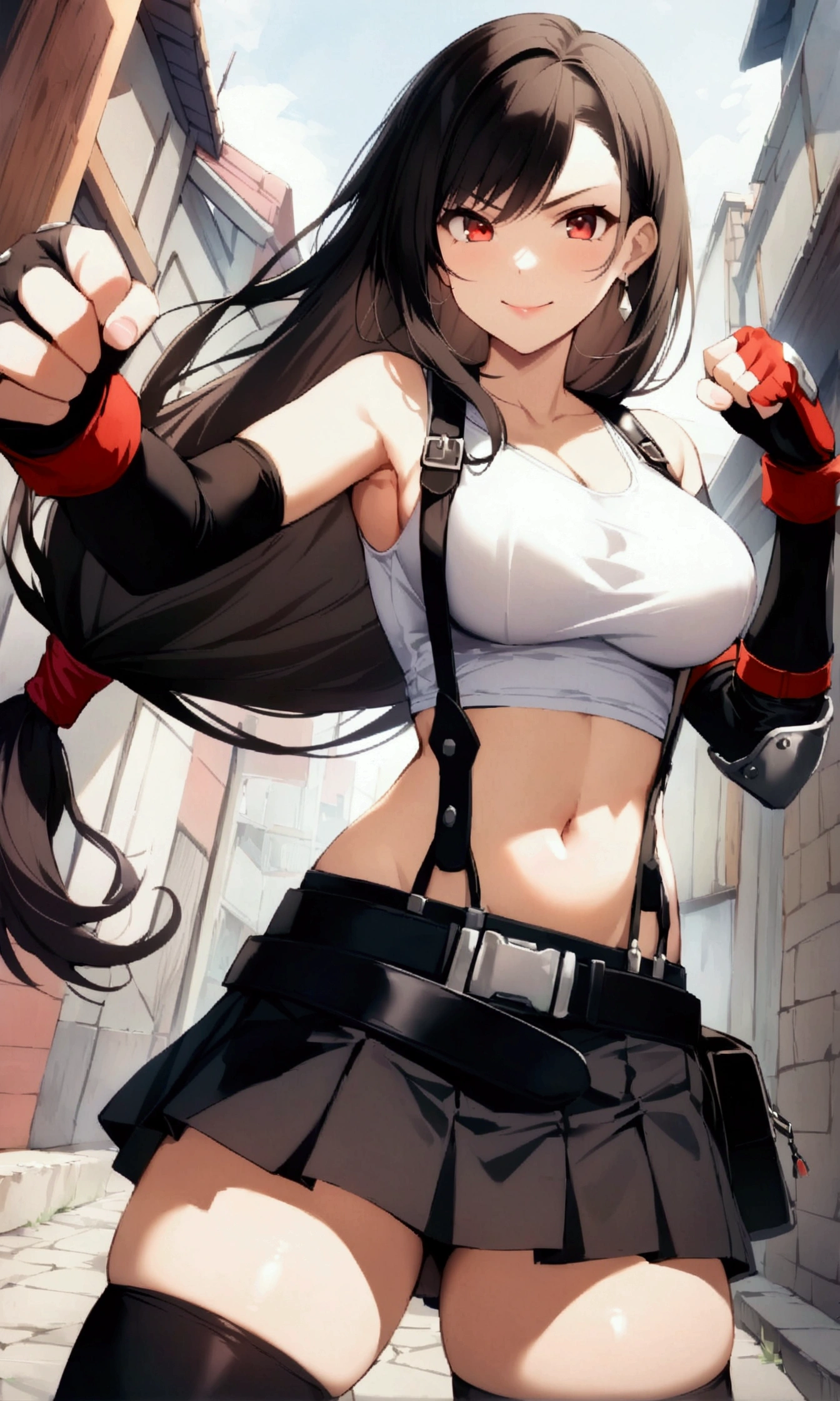 (score_9, score_8_up, score_7_up), BREAK (masterpeace),(best quality),(aesthetic,very aesthetic),(highly detailed),1girl, tifa lockhart, final fantasy,(beautiful). black hair, low-tied long hair, red eyes, bangs, white tank top, belt, pleated skirt, thighhighs, elbow fingerless gloves, elbow pads, midriff, navel,suspender skirt.zettai ryouiki,large_breasts,gap,Solo,cowboy shot, vibrant, joyful,outdoor,(fighting stance:1.2),fist,navel focus