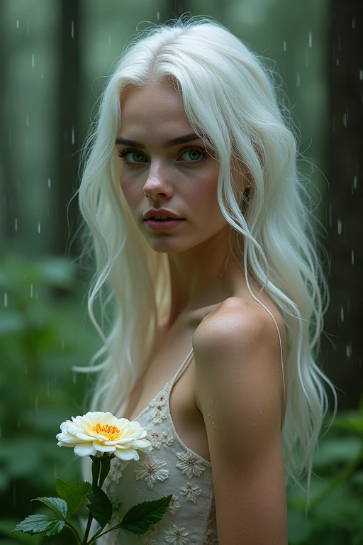 Feminine and elegant model with white hair and dark roots, she is 20 years old and has light green eyes. Eyes looking at the camera with seductive and confident face. Beautiful, healthy and nourished hair. Long and wavy hair. Very pale (white) skin. Brown eyebrows. Slim and small model body. Feminine and delicate face. Full lips. Long and beautiful eyelashes. Chin slightly divided. Girl of Russian ethnicity. He has a perfect body, without physical anomalies. He has five fingers on each hand. Totally symmetrical body. Professional image. Half body image. full body image. Image developed in a forest full of trees. she wears a dress. He holds a flower in his hand. In the image it is raining, the girl is soaked by the rain. Wet hair and clothes. 8k image, detailed face. excellent image quality.