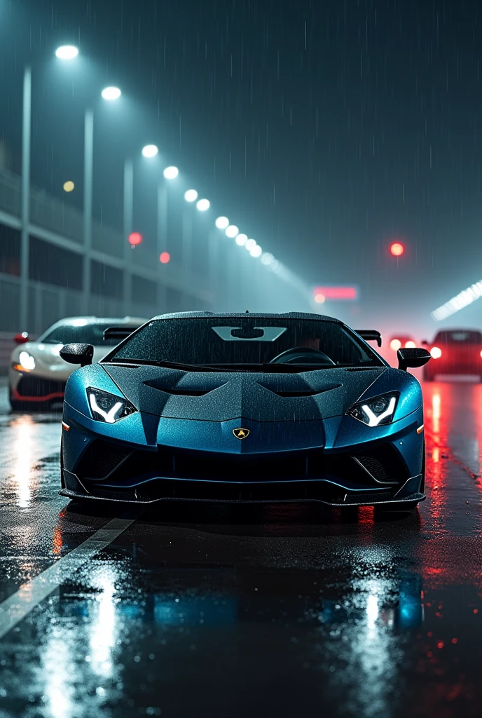 Lamborghini Aventador SVJ on a rainy track at night with some sports cars in the background, it is facing forward and needs to be a large image